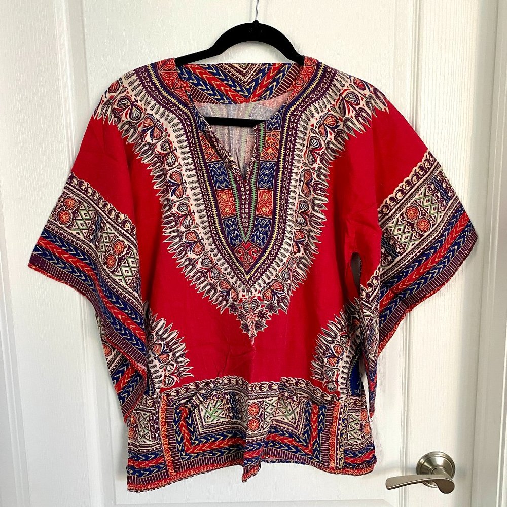 Vintage Boho Print Shirt with Trumpet Bell Sleeves Cotton